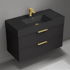 Black Floating Bathroom Vanity, 40 inch, Modern, Matte Black, Gold Handles